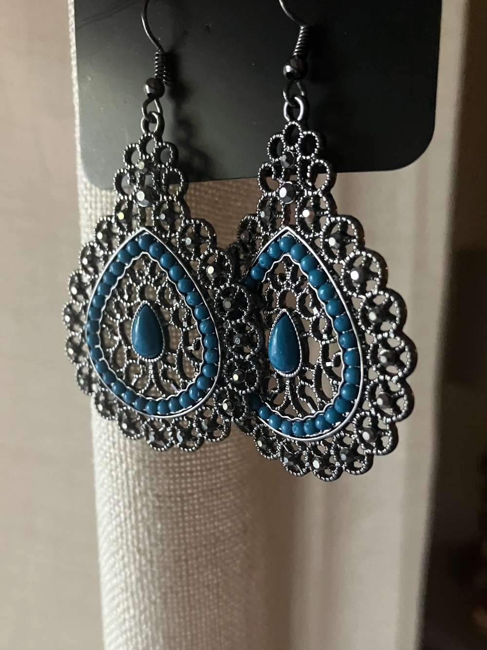 Dark teal and metallic beaded gunmetal earrings